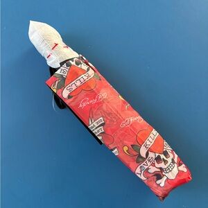 Ed Hardy Red Skull Serpent Rose Graphic Compact Auto Open Umbrella Y2K